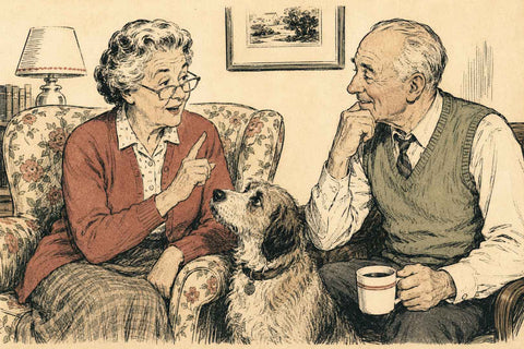 Vintage-style illustration of grandparents with a dog, representing traditional dog myths and advice passed down through generations.