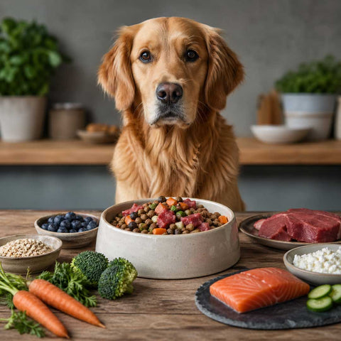 Dog sitting behind a bowl of balanced food with fresh meat, vegetables, and dry kibble on a kitchen counter, illustrating natural canine nutrition and meal variety