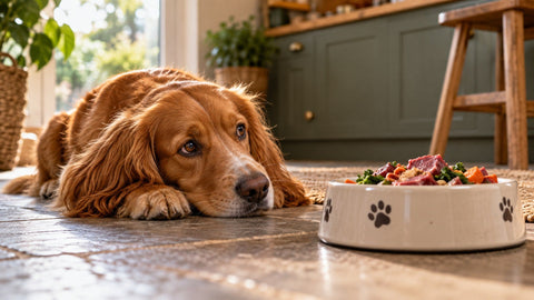 A dog lying on the floor looking at its bowl of dog food. 