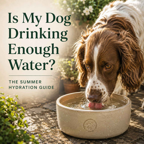 Dog drinking fresh water from a bowl during hot summer weather. Summer hydration guide covering dehydration in dogs, water intake and hydration tips.