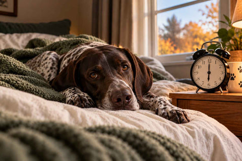 A sleepy German Shorthaired Pointer lying on a bed beside an alarm clock showing 6am, as the clocks go back for autumn.