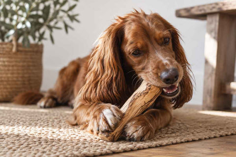 a dog eating an olive wood chew in a sitting room setting