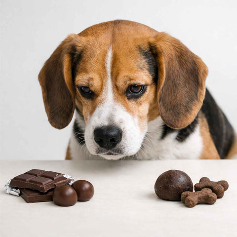 Dog looking at chocolate and a carob treat alternative