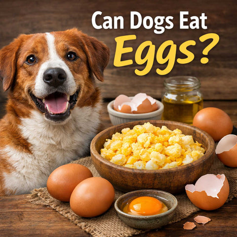 Brown and white dog sitting beside a bowl of scrambled eggs with whole eggs and eggshells, illustrating eggs as a natural protein source for dogs supporting skin, coat and muscle health