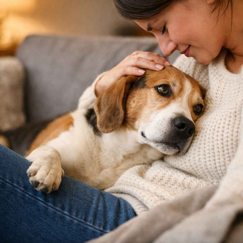 dog comforting owner on sofa sensing human emotions