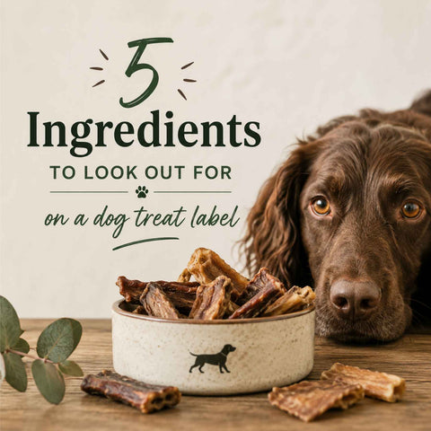 Dog looking at natural treats beside the title "5 Ingredients to Look Out for on a Dog Treat Label".