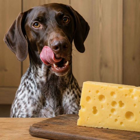 German pointer licking its lips looking at block of cheese for the blog can dogs eat cheese