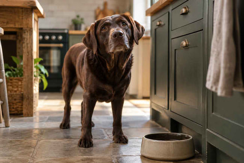 Chocolate Labrador waiting beside an empty food bowl in the kitchen, looking expectantly towards its owner at dinner time.