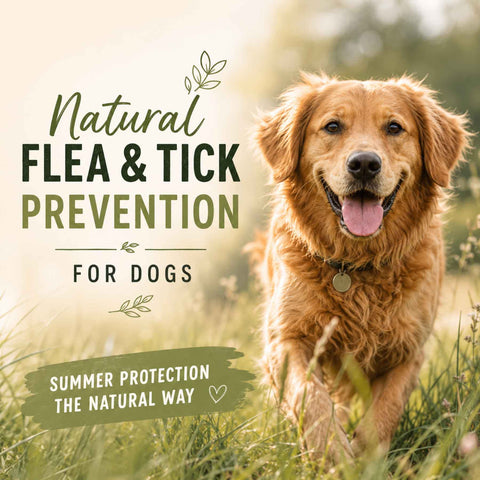 Natural flea and tick prevention for dogs. A happy golden retriever standing in long summer grass with text promoting natural flea and tick protection and summer dog care.