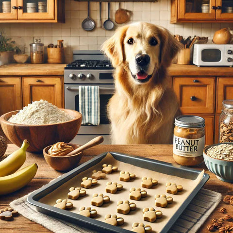 "Golden retriever sitting in a cozy kitchen watching homemade dog treats being prepared with natural ingredients like banana, peanut butter, and oat flour on the counter.