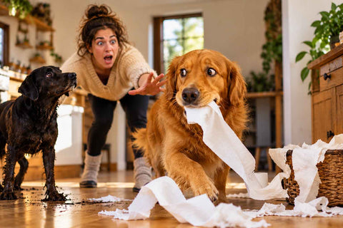 Golden retriever running through a kitchen with toilet roll while another muddy dog watches and its owner gives chase.
