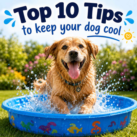 happy smiling dog in a paddling pool with the headline top 10 tips to keep your dog cool 