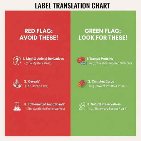 Label translation chart showing ingredients to avoid in dog food UK including meat and animal derivatives, cereals and EC permitted antioxidants, compared with named proteins, complex carbohydrates and natural preservatives.