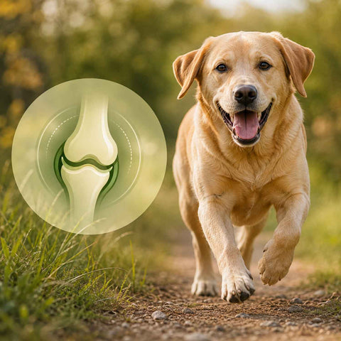 Happy Labrador running outdoors with a joint health illustration, representing mobility and everyday joint care for dogs.