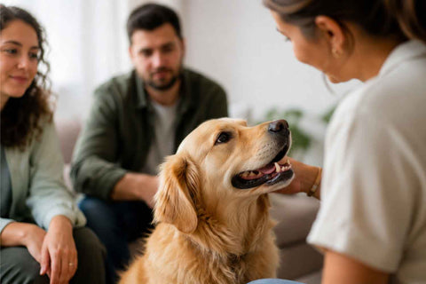 A happy dog looks up at one person while calmly ignoring others in a relaxed home, illustrating how dogs respond differently to different people.