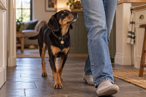 A black and tan dog looking up at its owner while following them through the kitchen.