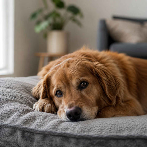 Golden Retriever resting quietly on a dog bed, illustrating the subtle signs that a dog may be hiding pain or discomfort.