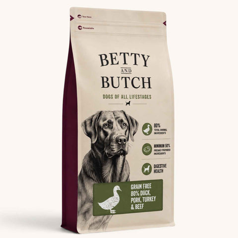 a bag of Betty and butch 80/20 premium dog food against a cream background