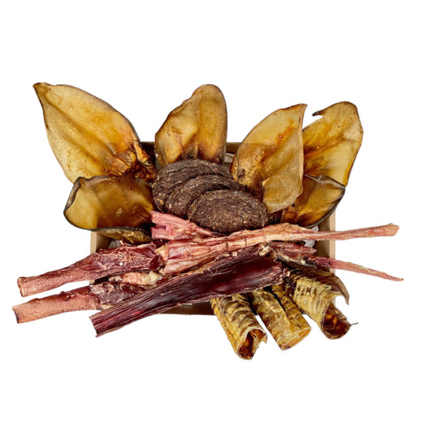 Full view of the Big Beef Chewer box packed with natural beef dog treats from Betty & Butch.