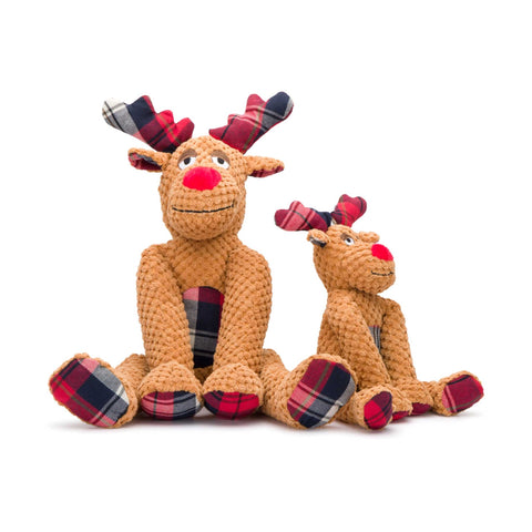 Two plush reindeer toys with plaid patterns on a white background