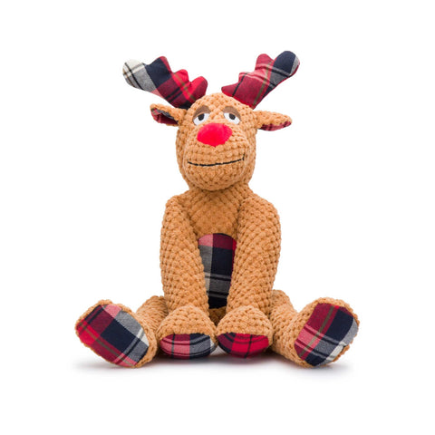 Plush reindeer toy with plaid accents on a white background