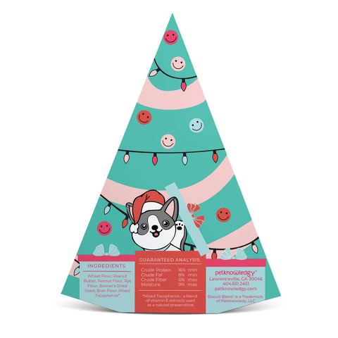 Christmas tree-shaped product packaging with a dog illustration on a white background
