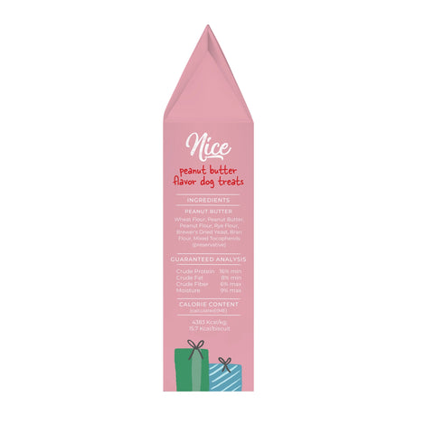 Pink packaging of Nice peanut butter flavour dog treats on a white background