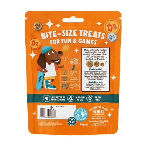 Back of Denzel’s Coins Chicken & Pumpkin dog treats showing ingredients, analytical information and feeding guide
