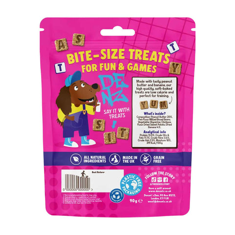 Back of Denzel’s Letters Peanut Butter & Banana dog treats showing ingredients, analytical information and feeding guide
