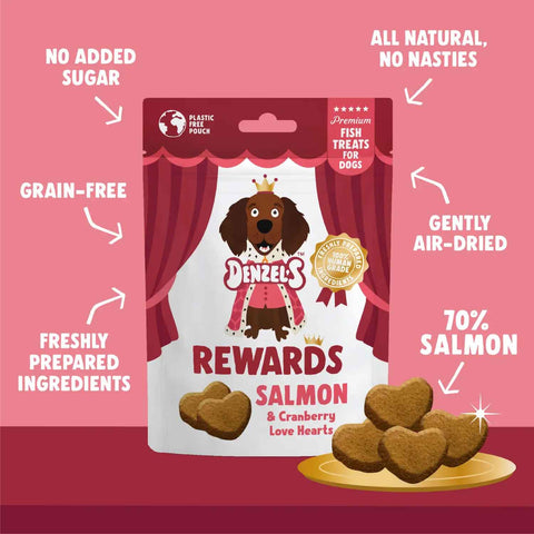Denzel’s Salmon & Cranberry Love Hearts with 70% salmon, grain-free and gently air-dried
