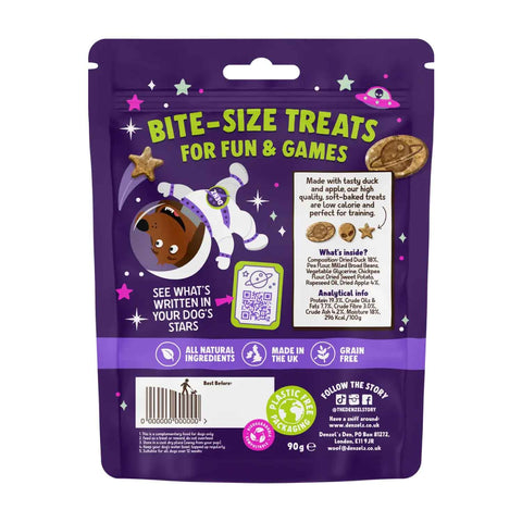 Back of Denzel’s Space Mix Duck & Apple dog treats showing ingredients, analytical information and feeding guide
