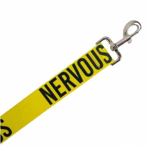 nervous dog lead yellow on a white background
