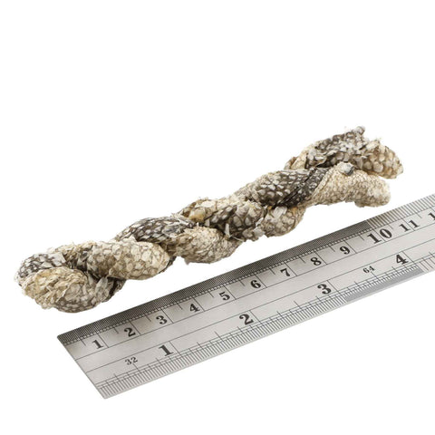 Fish4Dogs Sea Jerky Fish Twist for Dogs on white background against a ruler for size guide. 

