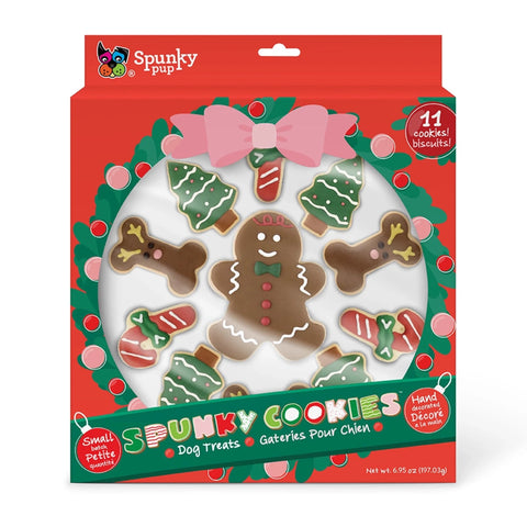 Spunky Pup dog treats packaging with Christmas-themed cookies