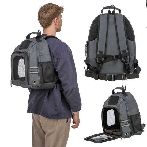 Gray pet carrier backpack worn by a person, with side and top views displayed.