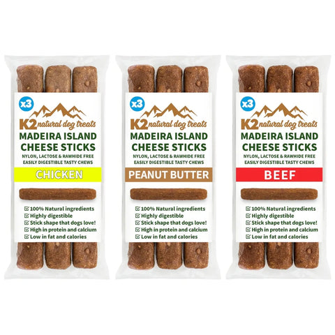 Three packs of K2 Cheese Sticks in Chicken, Peanut Butter, and Beef. Natural, high-protein chews for dogs.