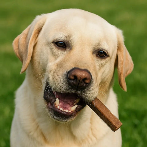 A Labrador enjoys a K2 Cheese Stick outdoors. Great for dental health and long-lasting chewing.