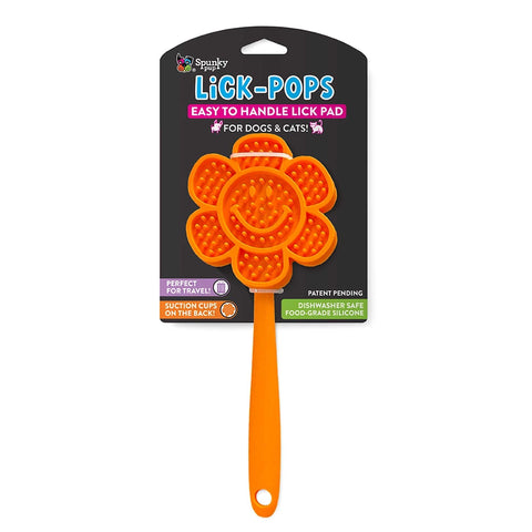 Orange flower-shaped LICK-POPS product with packaging on a white background