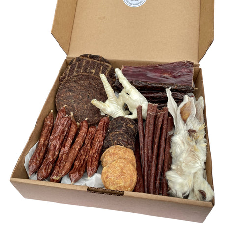 Overhead shot showing the mix of sausages, burgers, chews, and natural dog treats in the Butcher’s Banquet.