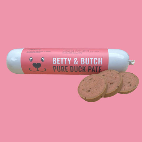 Betty & Butch pure duck pate on a pink background
