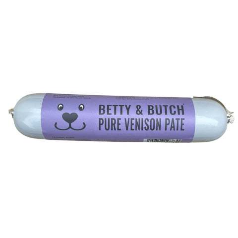 Purple and silver canister of Betty & Butch Pure Venison Pate on a white background