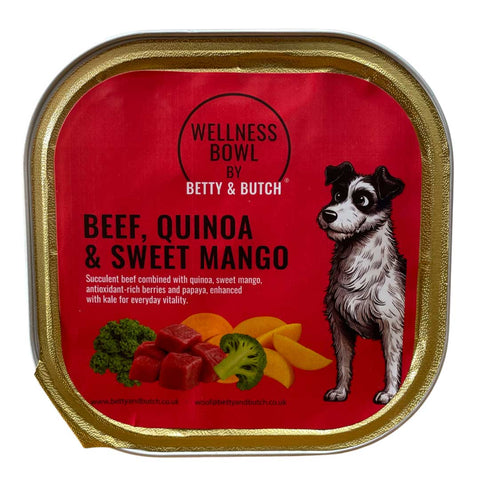 Wellness Bowl by Betty & Butch dog food packaging with beef, quinoa, and sweet mango on a red background.