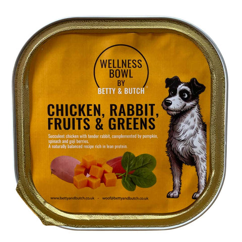 Wellness Bowl by Betty & Butch dog food packaging with a cartoon dog and ingredients listed.