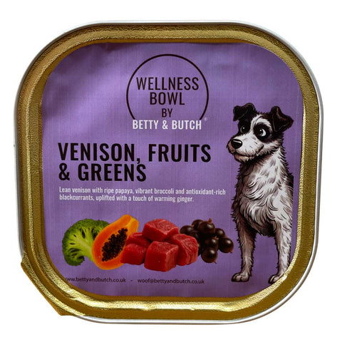 Wellness Bowl by Betty & Butch pet food packaging with a purple background and dog illustration.