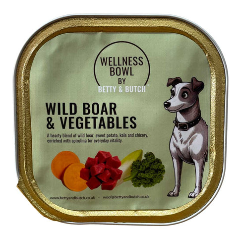 Wellness Bowl by Betty & Butch pet food packaging with a dog illustration and ingredients on a white background.
