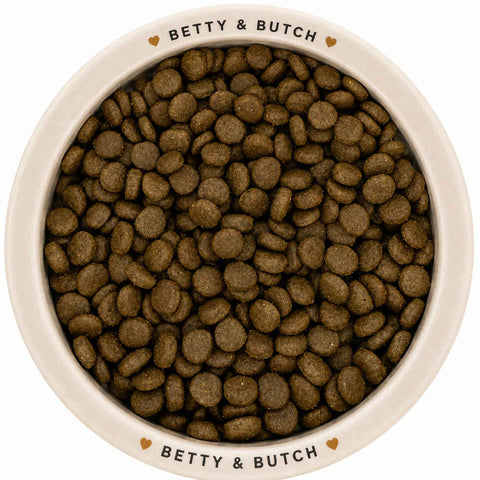 White fish cat food kibble close-up, natural, chemical-free recipe