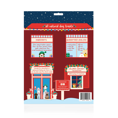 Dog treat package with a festive store design on a white background