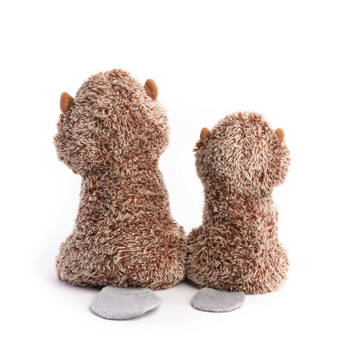 Two plush beaver dog toys
 sitting side by side on a white background