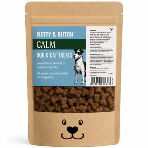 Betty & Butch Calm Dog & Cat Treats in a resealable pouch with a clear window showing natural bone-shaped treats.