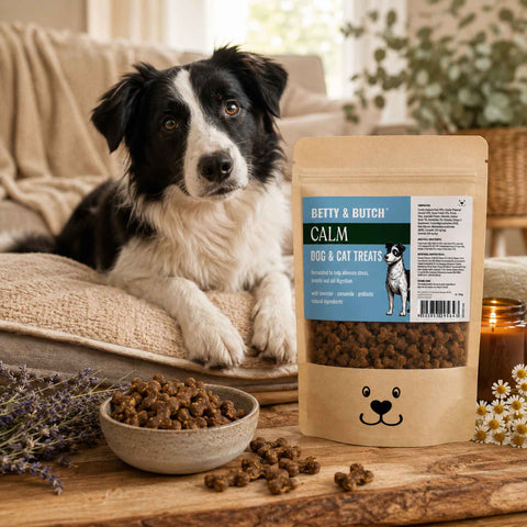 Betty & Butch Calm Dog & Cat Treats displayed in a cosy home with a relaxed Border Collie and natural calming ingredients, including lavender and camomile.